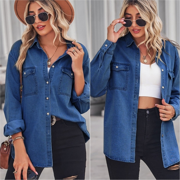 Collared Neck Dropped Shoulder Denim Top - Dark - Picture 1 of 7